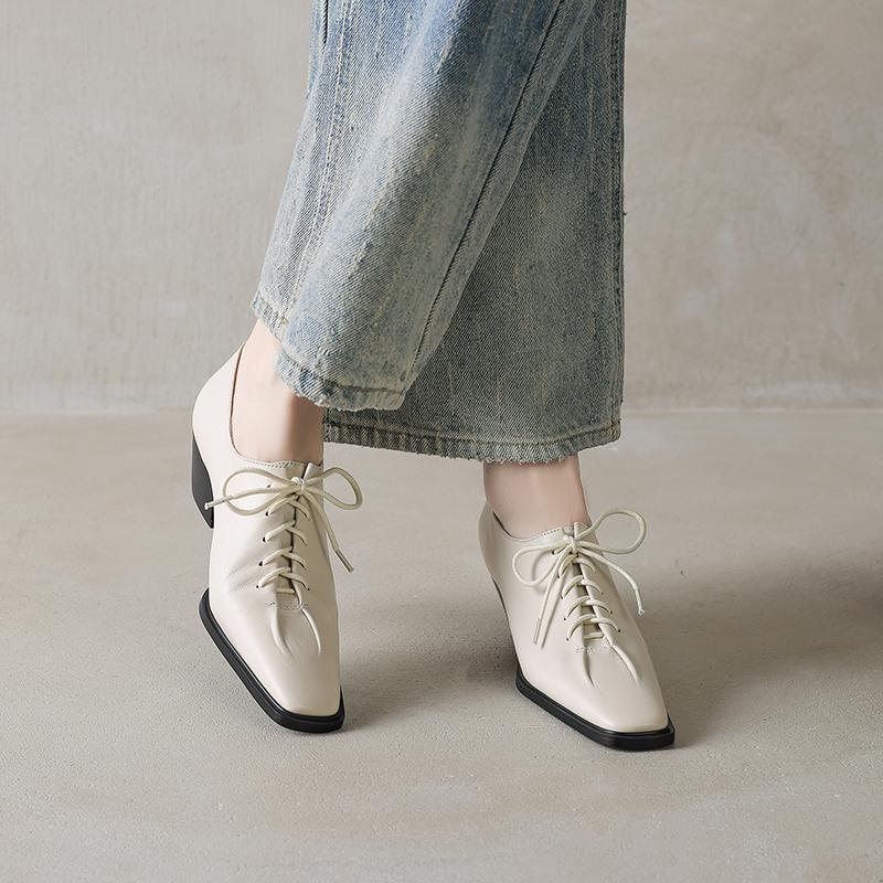 Fashion 2025 New Spring Genuine Leather Women Pumps Shoes for Women Fashion Buckle Squared Toe Loafers Shoes for Women Med Heels Ladies
