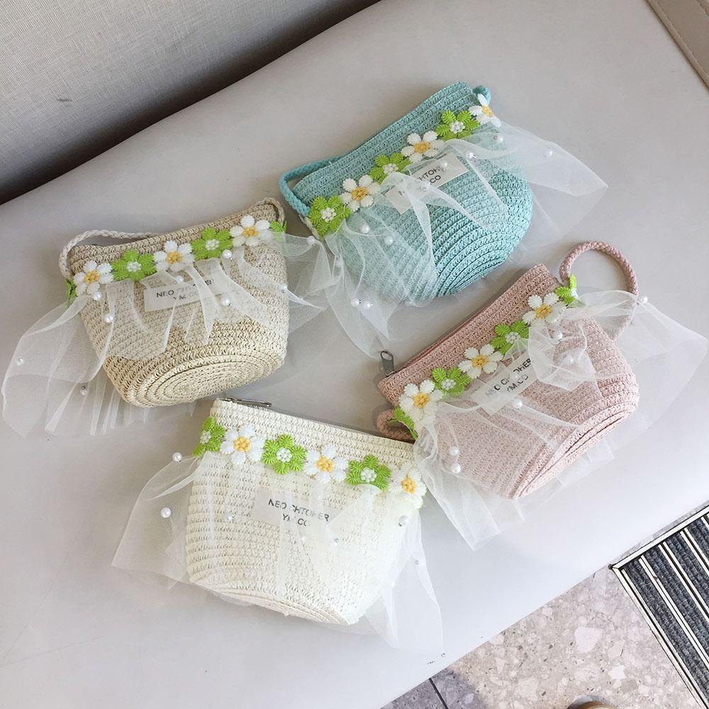 Wide Brim Children Sun Hat Pearl Decoration Breathable Material Sun Hat Straw Material Lace Trim Shoulder Bag Girls Accessories