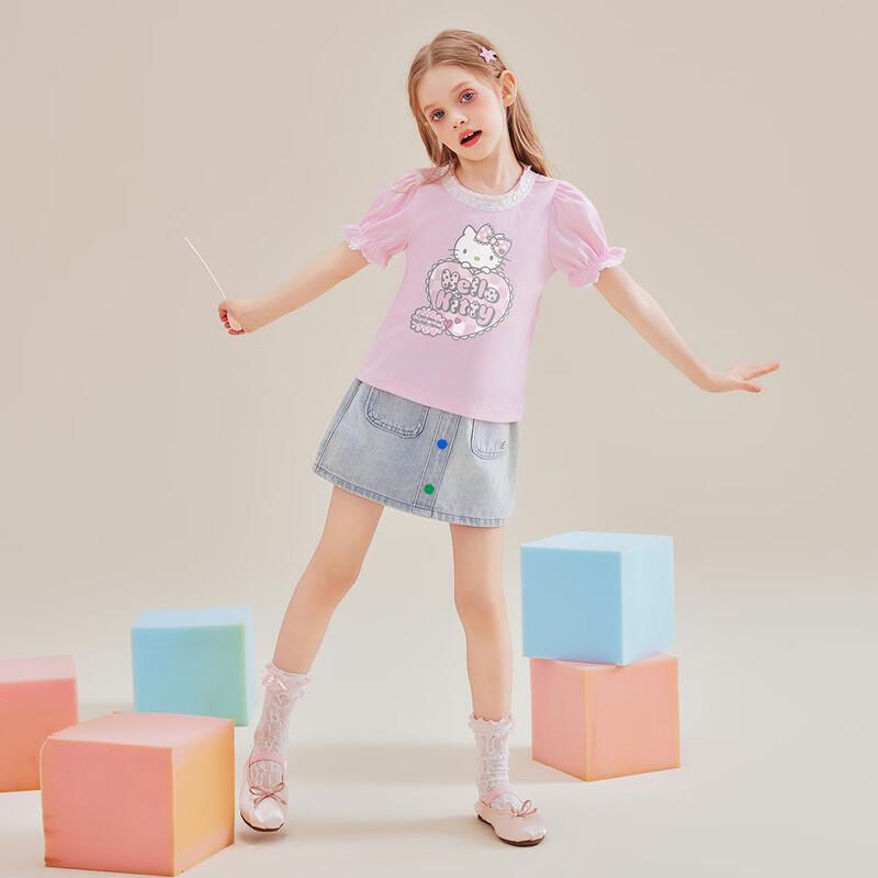 Hello Kitty Girls' Summer Cartoon Heart Print Puff Sleeve T-Shirt