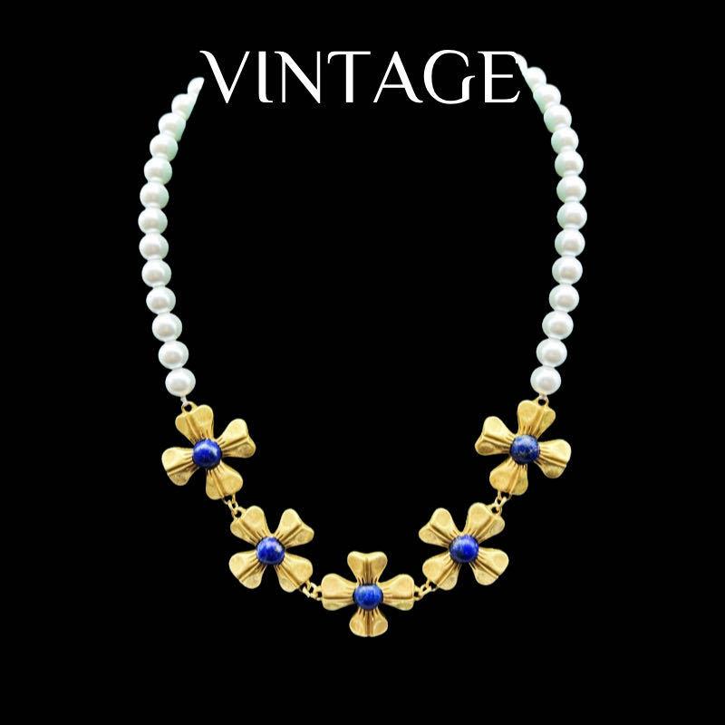 Vintage Gold Lapis Lazuli Inlaid With Four Leaf Clover Temperament Niche Pearl Necklace Earring Set