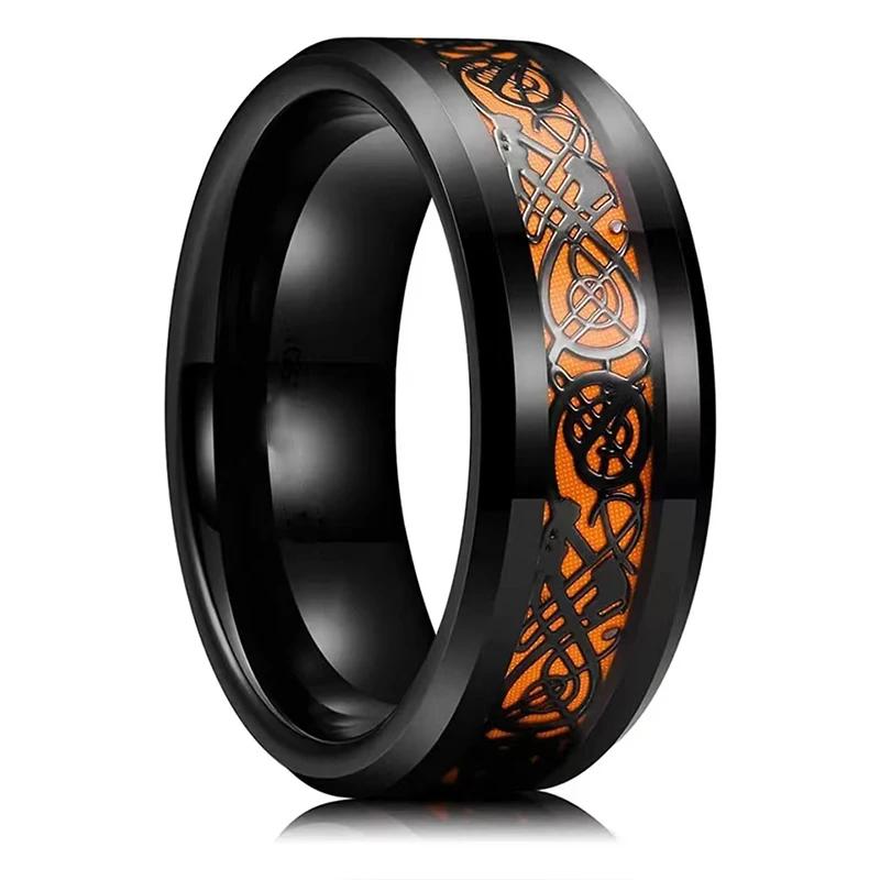 Fashion 8mm Men's Stainless Steel Celtic Dragon Ring Inlay Red Green Black Carbon Fiber Ring Wedding Band Charm Jewelry Gifts