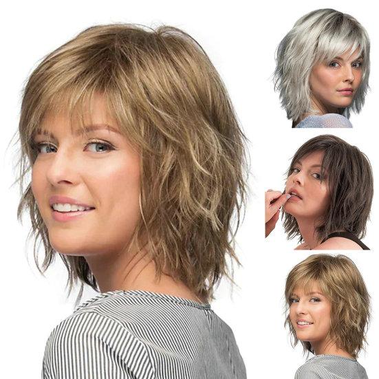 Women Short Curly Wig with Bangs Natural Heat Resistant High Temperature Fiber Ladies Messy White Brown Synthetic Hair