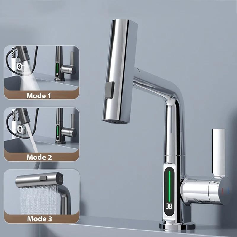Waterfall Temperature Digital Display Basin Faucet Lift Up Down Stream Sprayer Bathroom Hot Cold Water Sink Mixer