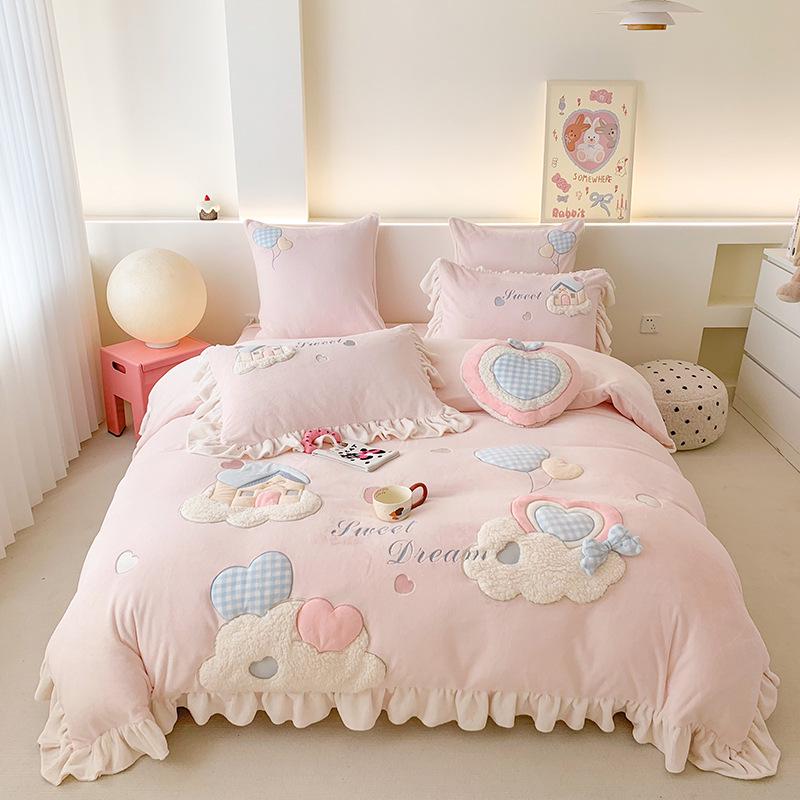 Winter Cartoon Princess Milk Velvet Bedding Set - Coral Fleece, Warm, Four-Piece for Girls