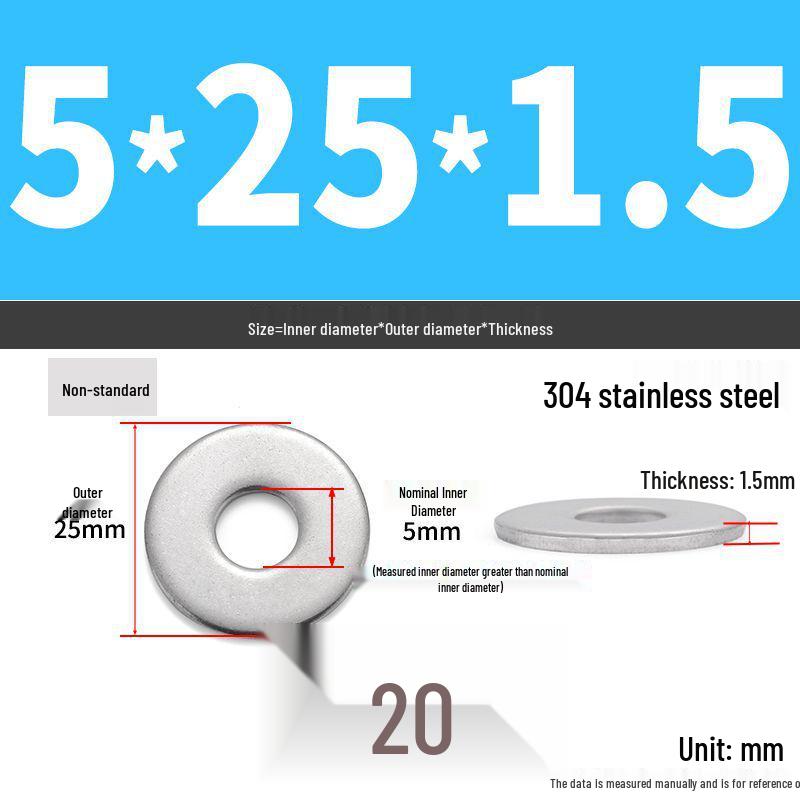 304 Stainless Steel Thickened Flat Washer Ring - Various Sizes (M1.6-M22)