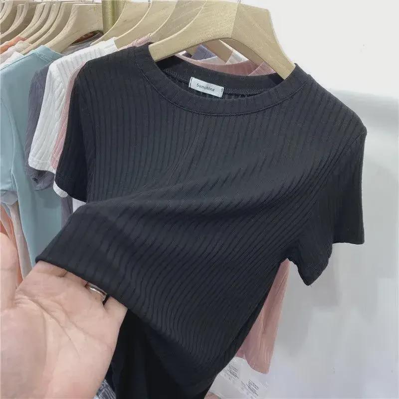 Spring/Summer Women's Striped Round Neck Slim T-Shirt - European Style, Short-Sleeved, Korean Trend