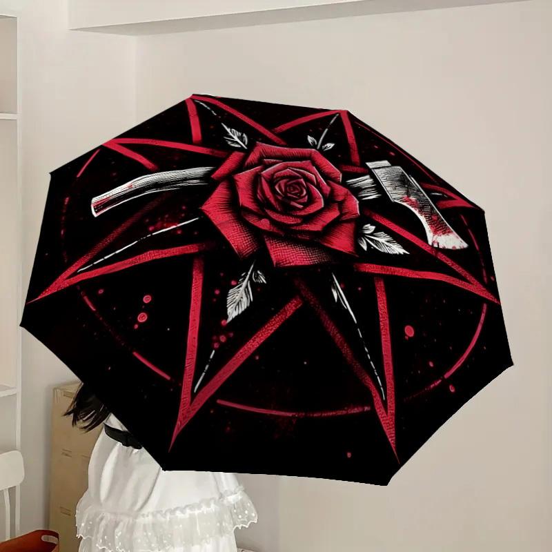 1pc Red Rose Pentagram Axe Symbol Umbrella with Plastic Handle,Suitable for All Seasons Home Travel Outdoor UmbrellaDD1025
