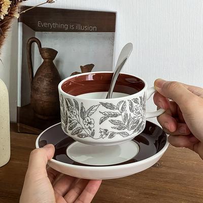 Vintage Style Palm Hibiscus Coffee Cup and Saucer Set Japanese Café Latte Cup High-value Second-hand Ceramic Mug Gift