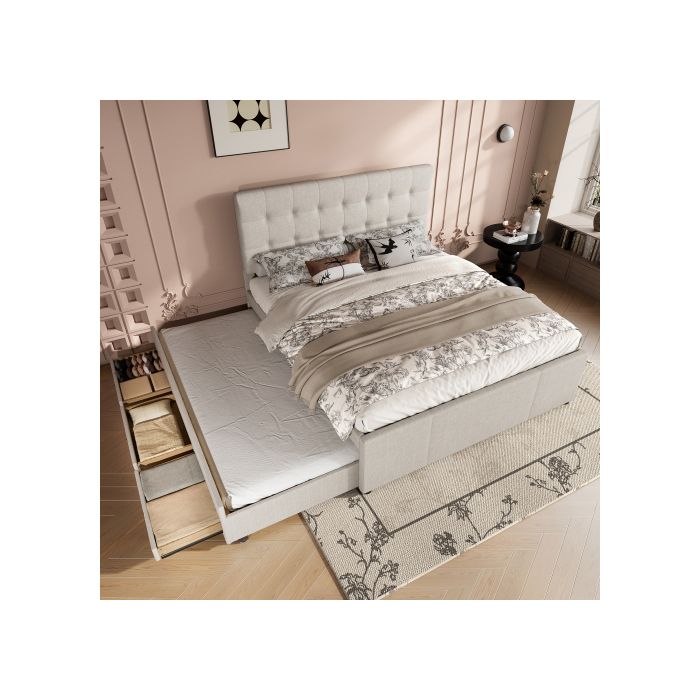 Doppelbett - MUVOE - 140x200 cm - Beige - Stauraumschubladen - Verstellbares Kopfteil