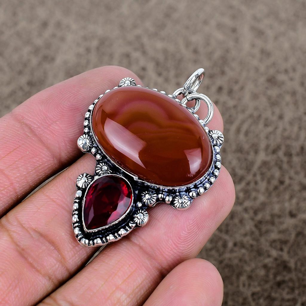 Carnelian, Garnet Gemstone 925 Sterling Silver Jewelry Pendant 2.01" KKG-346