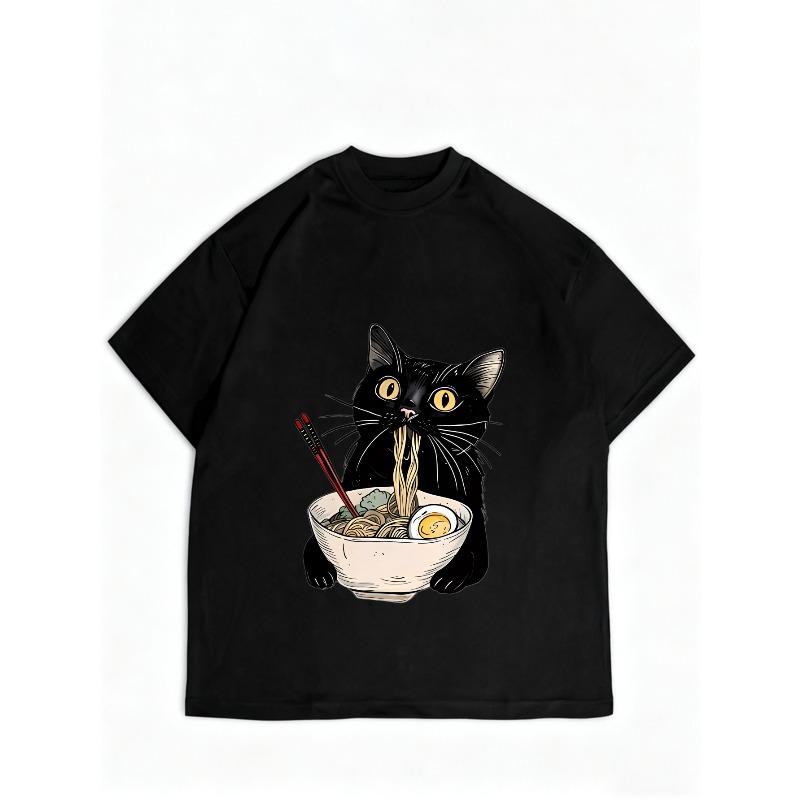 Women Casual Loose T Shirt Black Cat Eating Noodles Print Summer Top For Daily Wear