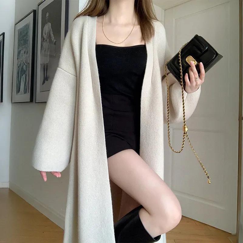 Spring Autumn Women Cardigan Sweater Loose Soft Mid Length Sweater Long Sleeve Solid Color Knitted Cardigans
