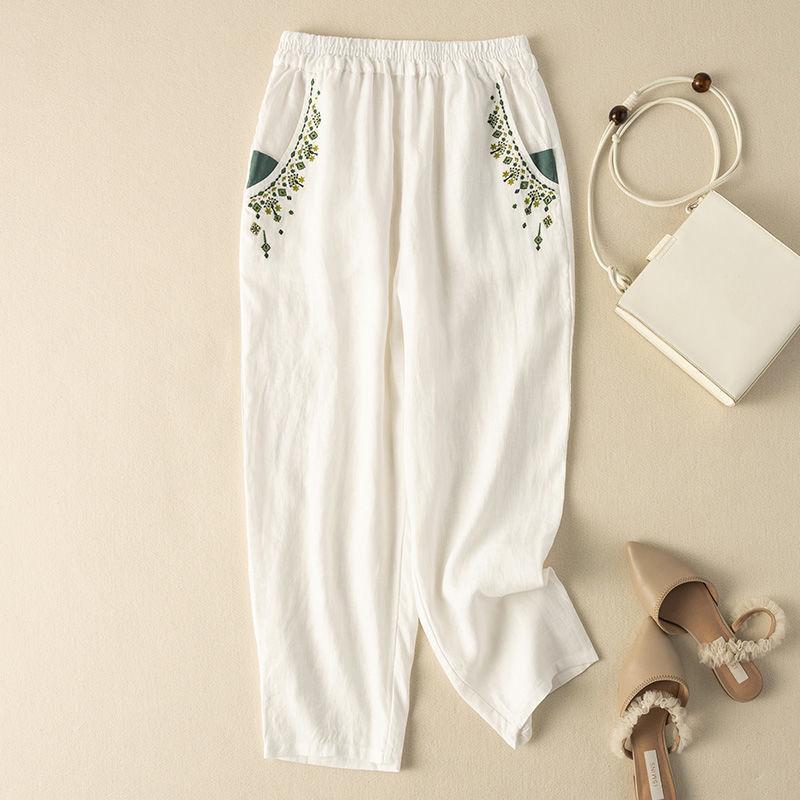 Fashion Loose Casual Embroidered Women Pants Summer New Retro Elegant Loose Straight Harlan Pants Simple Solid Color Versatile Nine-point Trousers