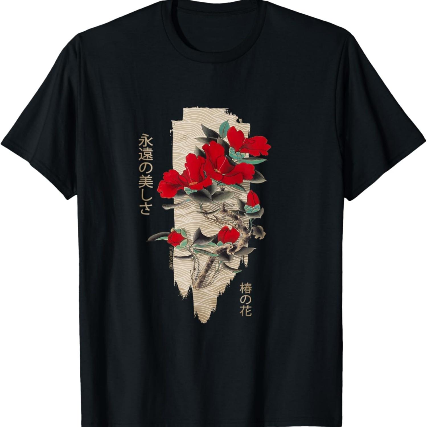 Japanese Tsubaki flower in retro grunge flower aesthetic T-Shirt S чёрный