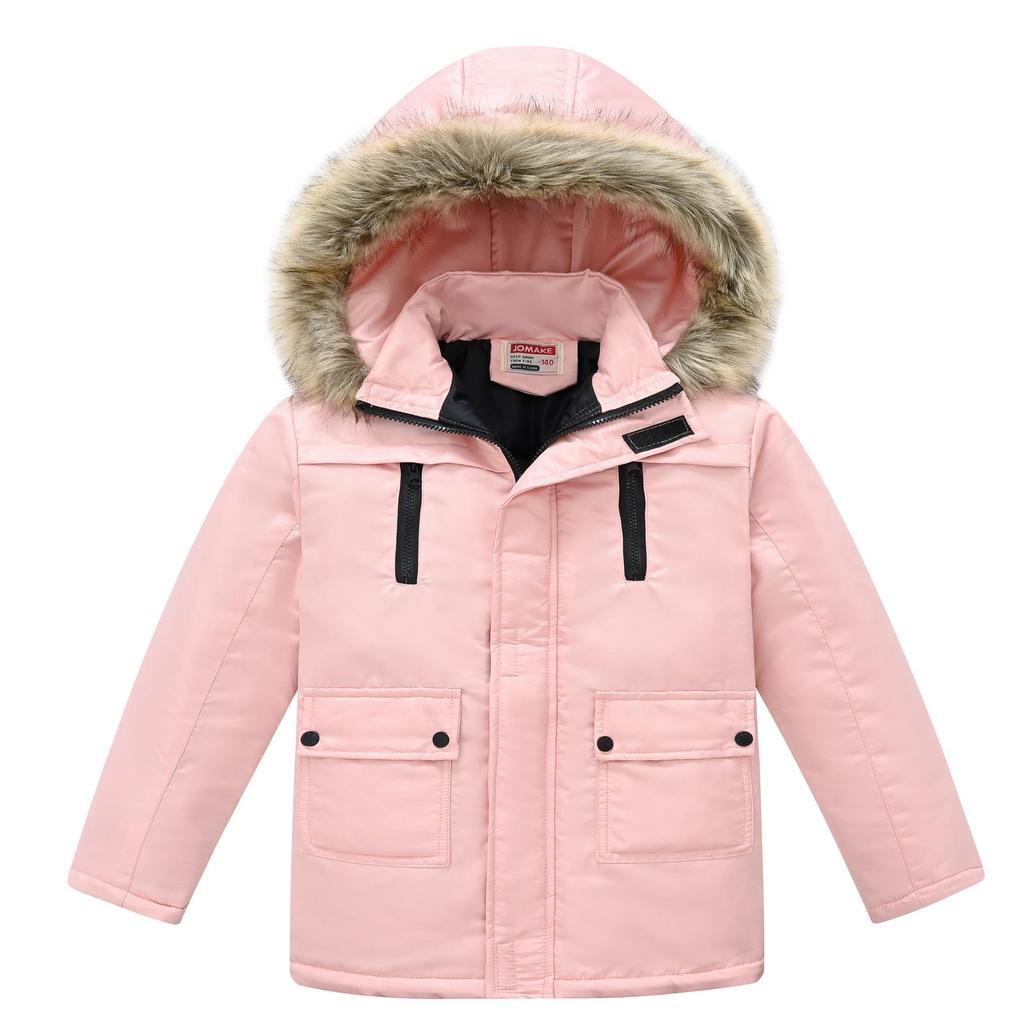 Middle and Big Children's Cotton Jacket Solid Color Thickened Warm Rushing Jacket Boys and Girls Hair Collar Removable Hooded Jacket