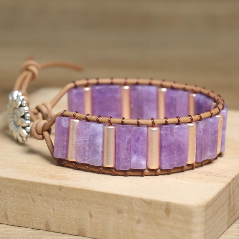 Lepidagger Tube Bead Leather Wrap Bracelet – Rose Gold Brown Boho Cuff, Calm Meditation Gift for Women