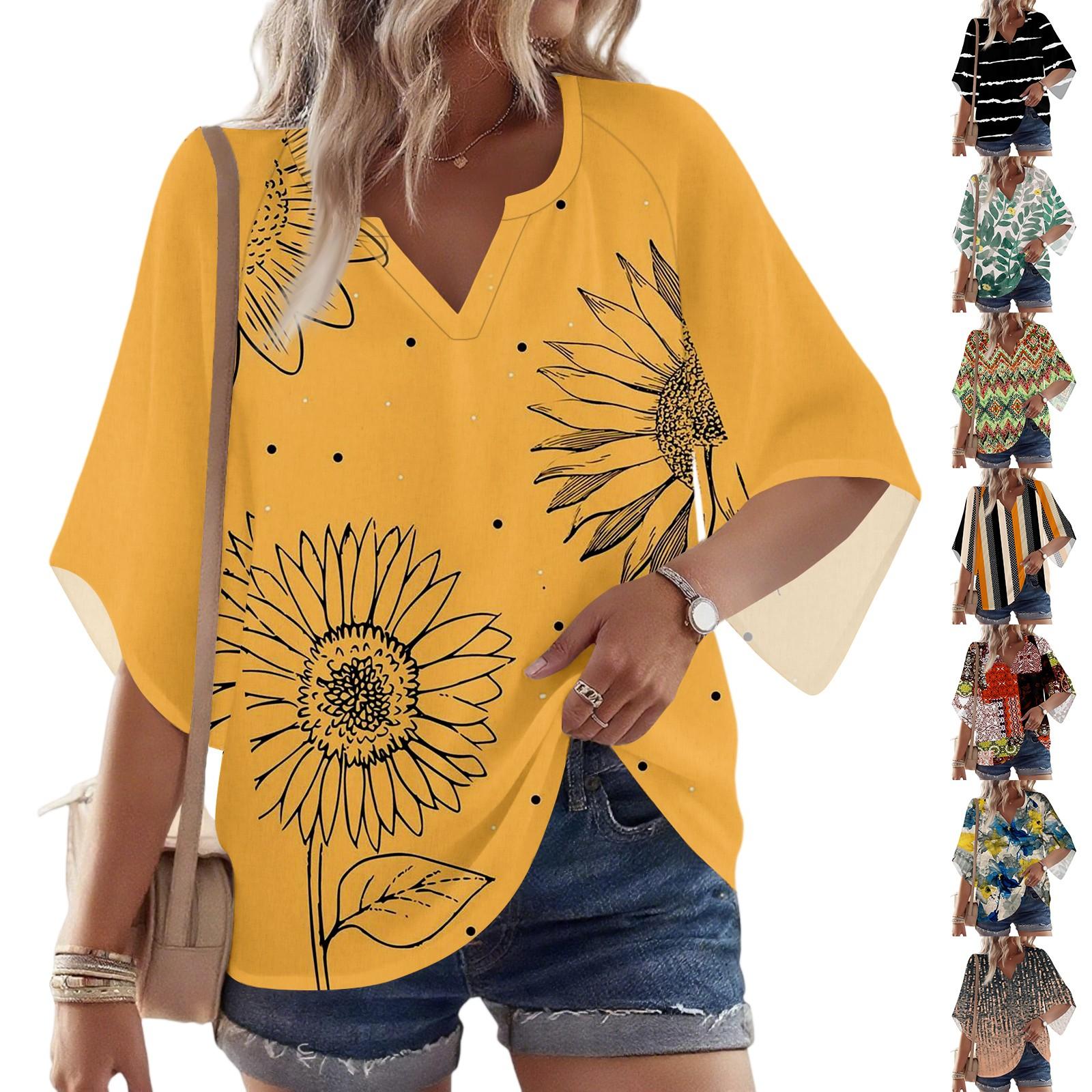 

Women s 3/4 Sleeve V Floral Shirt Casual Loose Tunic Top L чорний