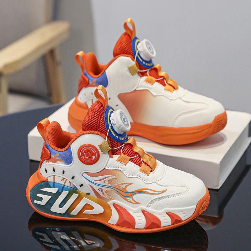 Children's Basketball Shoes Men's Rotary Buckle Sports Shoes Friction Sound All Seasons Through Mesh Breathable Lightweight Training Shoes Women