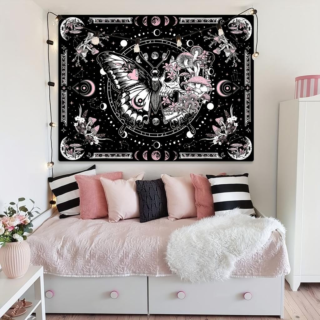 VIKAMA Gothic Bohemian Tapestries With Pink Skulls And Black Butterflies Paired With Mushroom Designs And Dark Floral Wall Decor