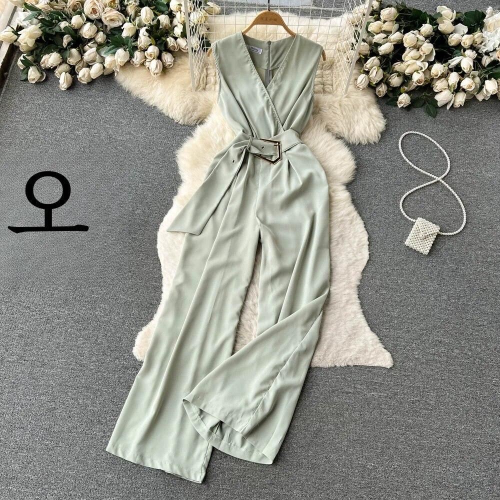 2024, primăvară și vară, nou sexy, cu decolteu în V, cu bretele în talie, care îmbrățișează, pantaloni lungi, drepti, grațioși, cu picioare late