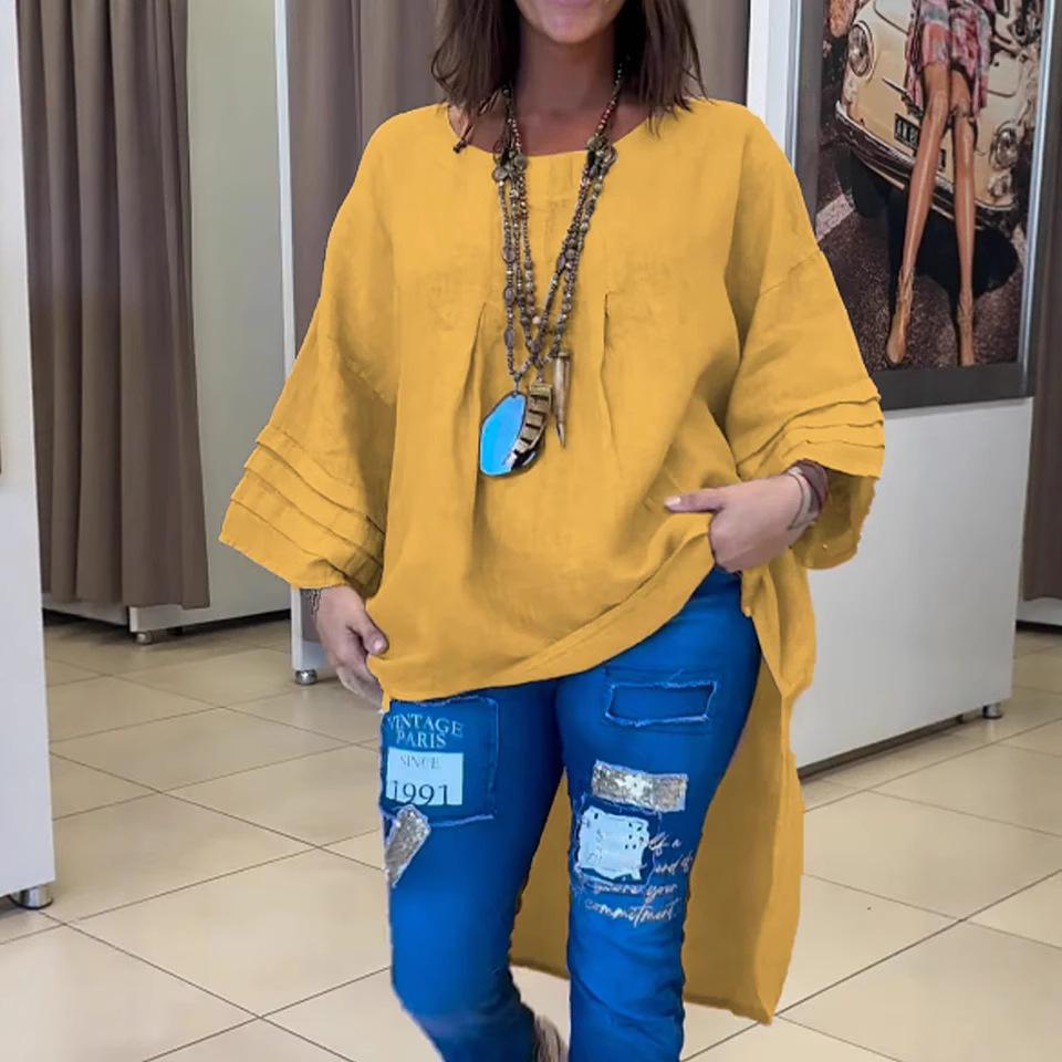 Women's Casual and Fashionable Solid-color Round-neck Pullover Shirt