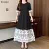 ZANZEA Women Summer Lace Splice Casual Round Neck Short Sleeve Dress