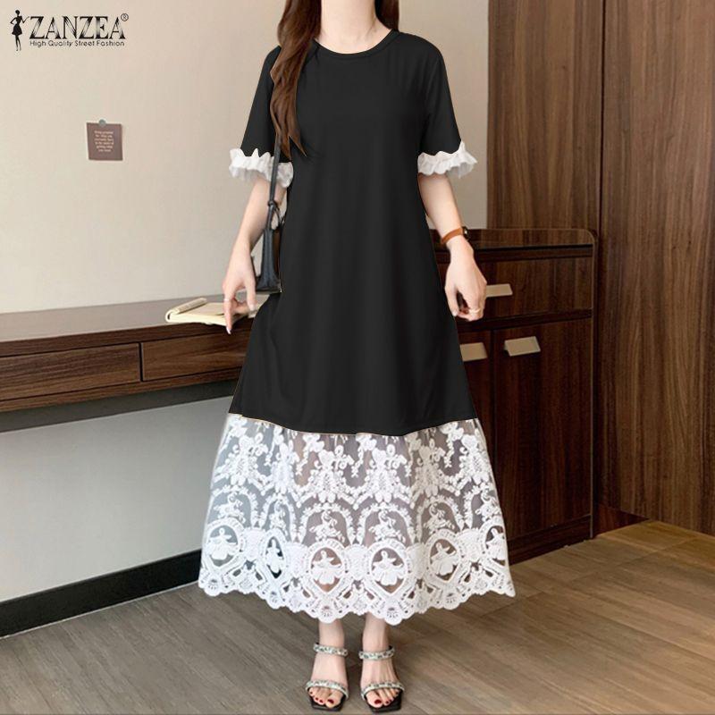 ZANZEA Women Summer Lace Splice Casual Round Neck Short Sleeve Dress