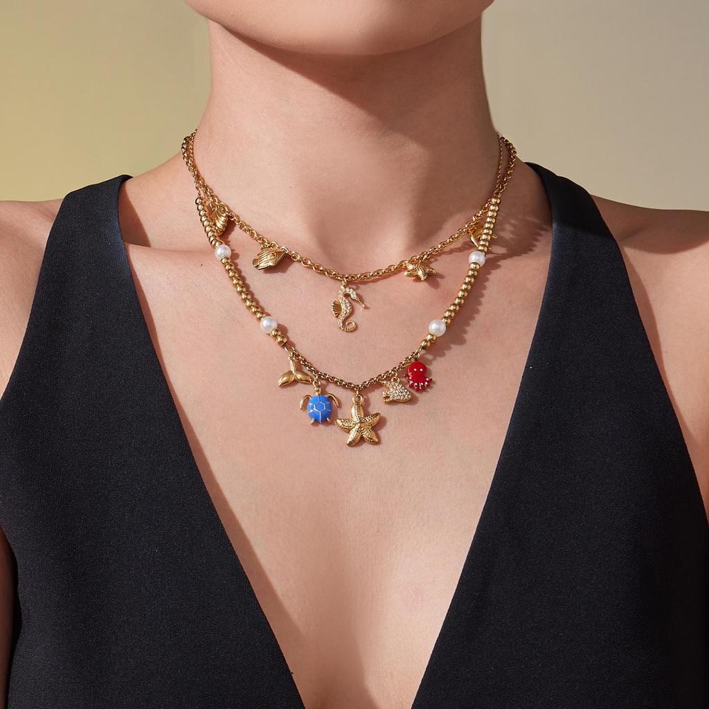 Ocean Style 18K Gold Plated DIY Enamel Jewelry Set with Zircon Seahorse & Starfish Pendants