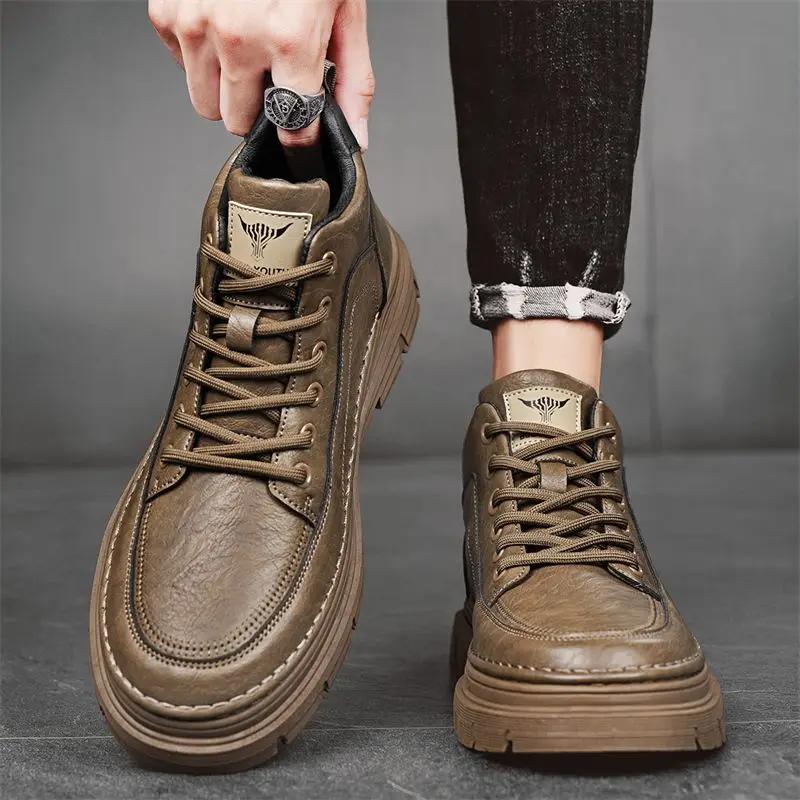 Fashion Leather Shoes for Men Lace Up Solid Color Round Toe Man Casual Boots New In Luxury Sale Low Price Adults Free Delivery Shipping