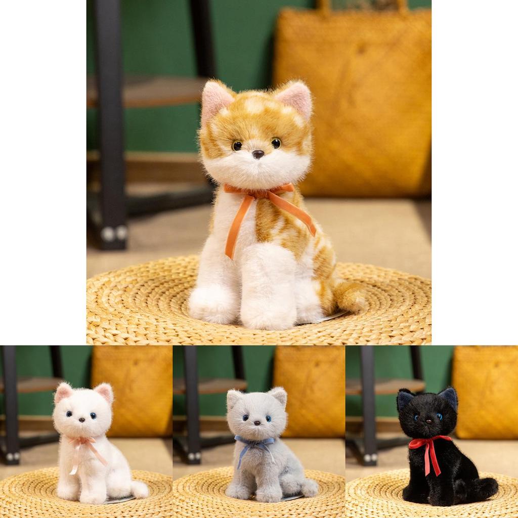 Cuter Cat Plush Doll With Squat Design And Bow Decor For Gift And Collection