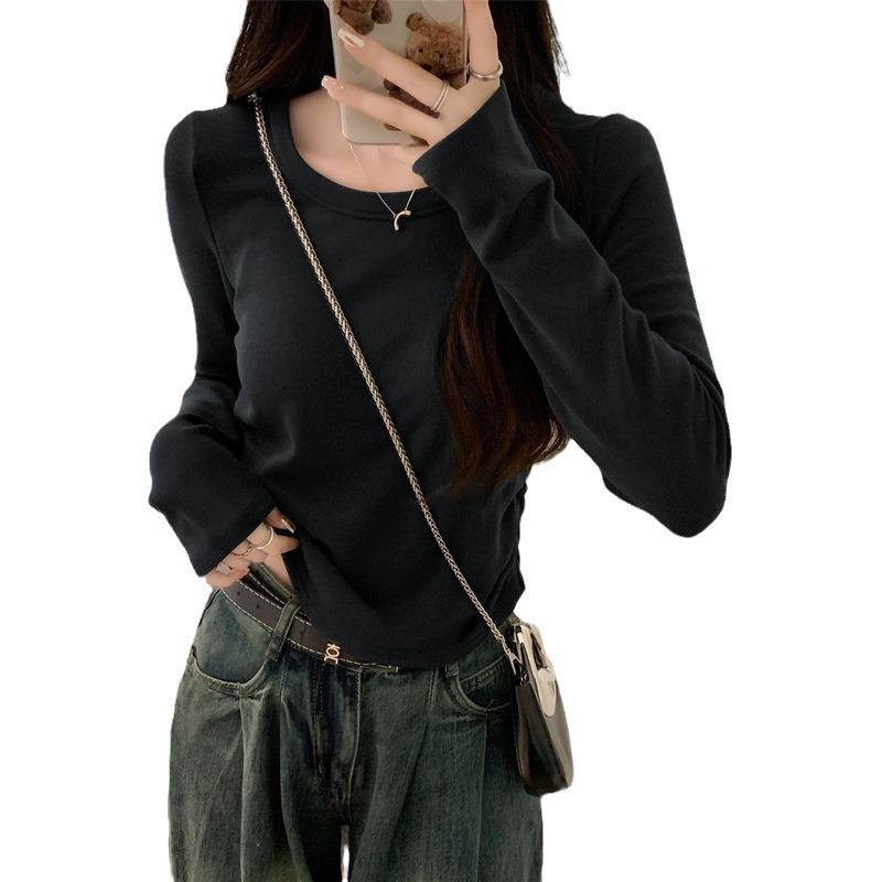 

Простая футболка с круглым вырезом и длинными рукавами для женщин Весна и Осень Новый стиль Приталенный крой Бархатный мех и меховая отделка Внутренняя футболка-топ 2XL