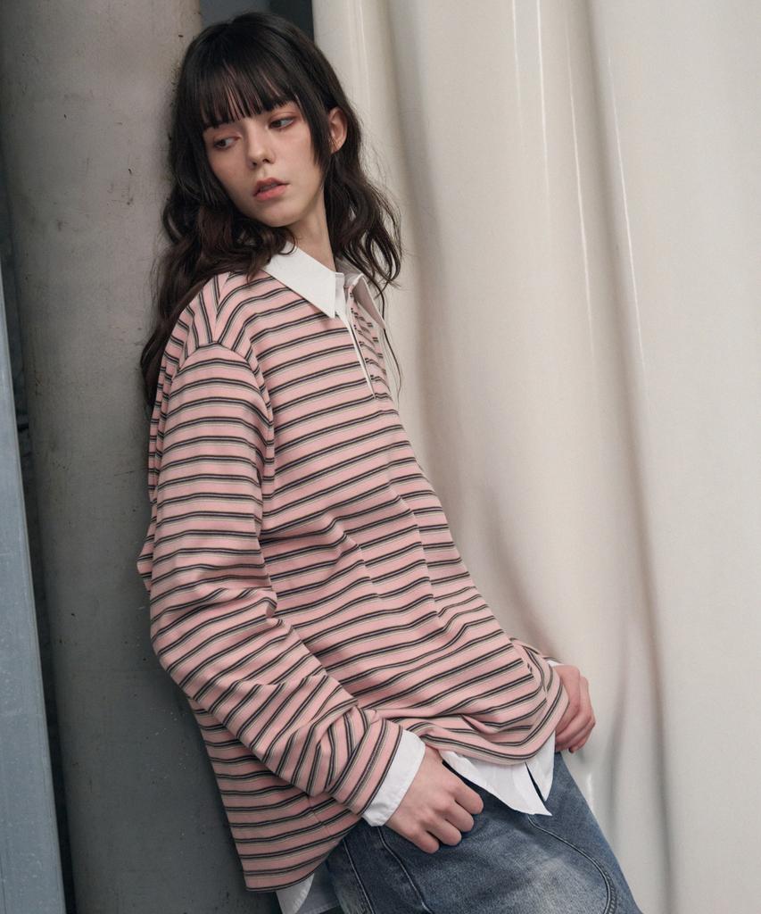 Ledeoli Multi-Stripe Oversized Rugby Shirt [Pink]