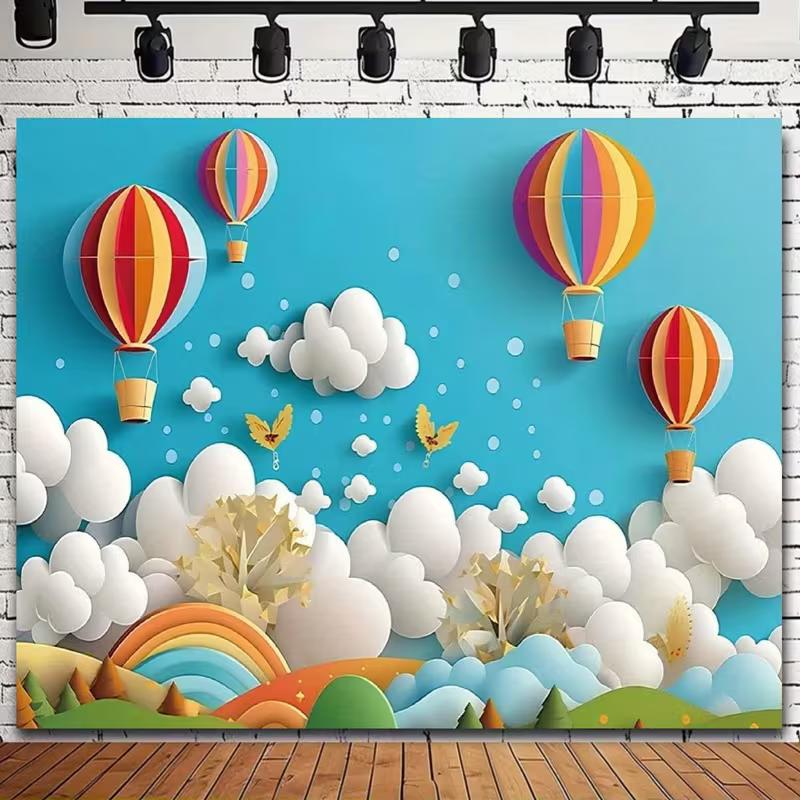 2D Cartoon Hot Air Balloon & Rainbow Backdrop for Baby Party