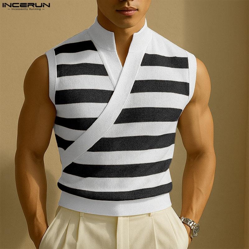 

INCERUN Summer Men Stand Collar Sleeveless Striped Print Casual Tank Tops S синий