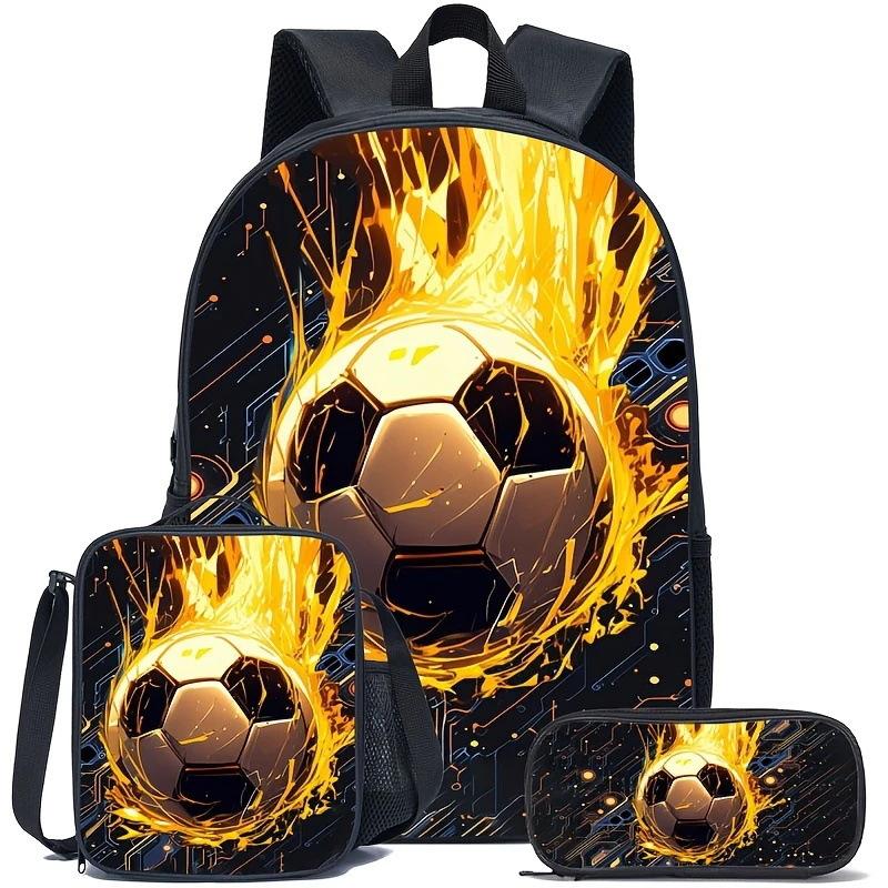 3Pcs Soccer Crown Number 7 Backpack Set,Football Print School Backpack with Lunch Bag and Pencil Case,Kids Sports Bookbag Set for Student Daily School