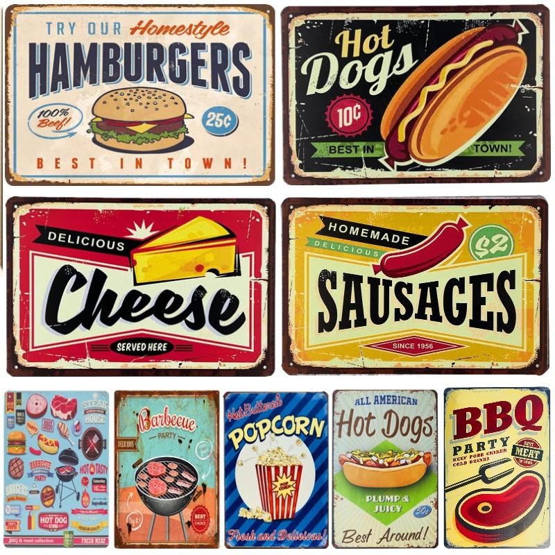 Hamburgers Plaques Métalliques Hot-Dogs Imprimé Affiche Vintage Décor Mural Cuisine Magasin de Fast-Food Plaque Murale Peinture sur Plaque de Fer