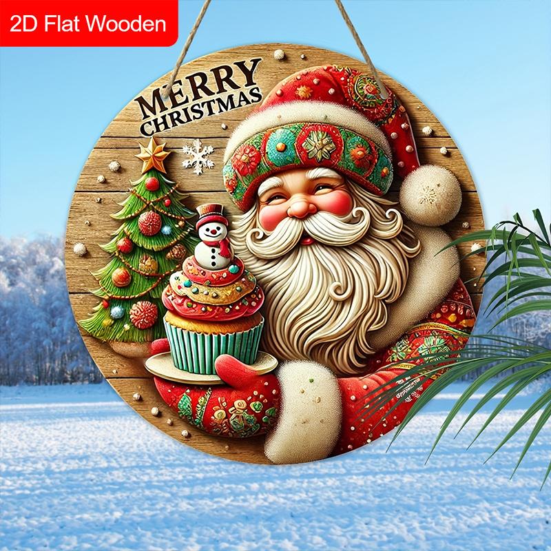 Merry Christmas Wooden Sign with Smiling Santa Claus Pattern - Navidad Wooden Sign for Christmas Tree, Window, Yard, Indoor Decor