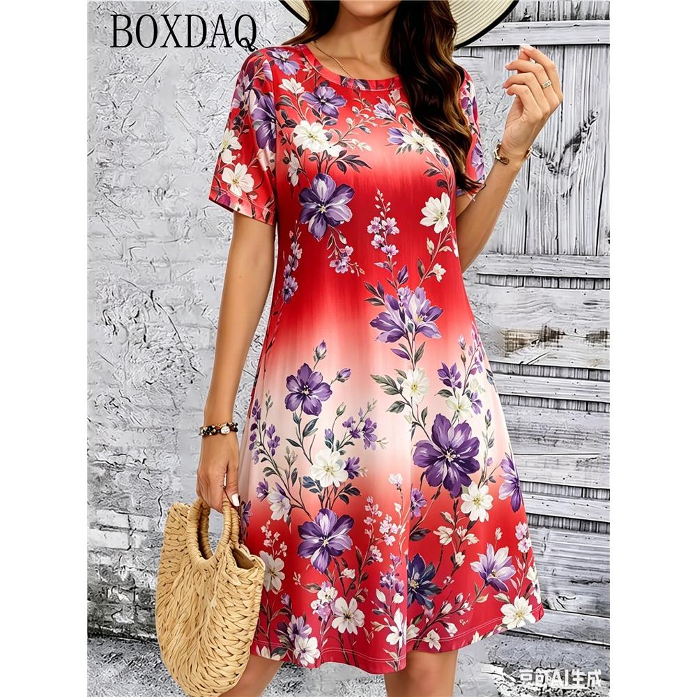 Women's Short Sleeved Round Neck Loose Summer Dress Fashionable Casual Flower Print Daily Dress New Women's Clothing