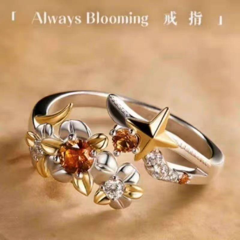 High-end anime cos impression ring silver flower flash diamond index finger ring fashionable simple versatile exquisite ring