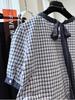 2025 Sommer Koreanisches Leichter Luxus Retro Karomuster Rundhalsausschnitt Kurzarm Locker Puppenoberteil für Damen