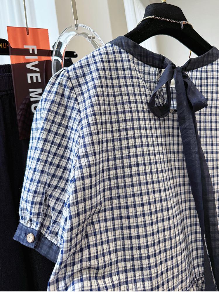 2025 Sommer Koreanisches Leichter Luxus Retro Karomuster Rundhalsausschnitt Kurzarm Locker Puppenoberteil für Damen