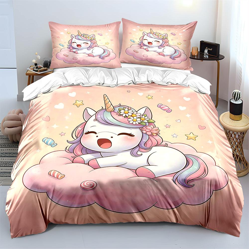 Cute unicorn with candy cloud Pattern Duvet Cover Set Digital Print Polyester Bedding with Zipper Closur for kids gifts