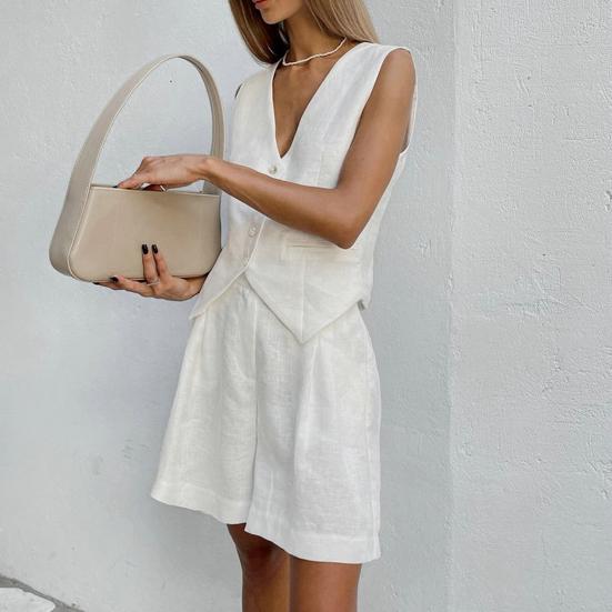 2Pcs/Set Women Vest Shorts Suit Summer V Neck Casual with Pocket Sleeveless Solid Color Ladies Waistcoat Top Shorts Kit Office Wear