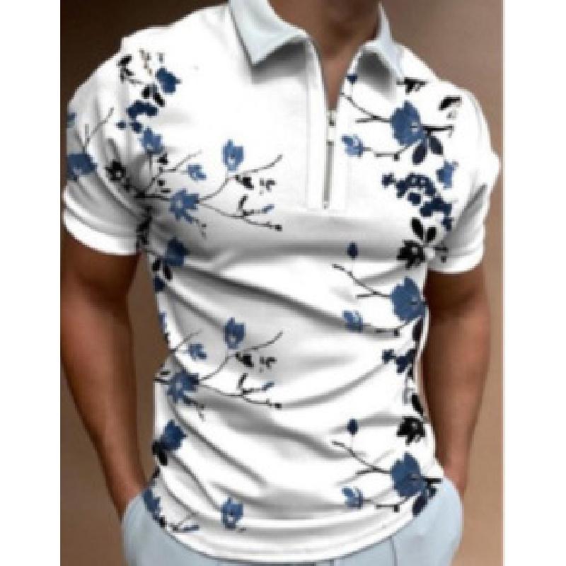 Summer Men's Casual Striped Houndstooth Digital Print T-Shirt Zipper Polo Shirt