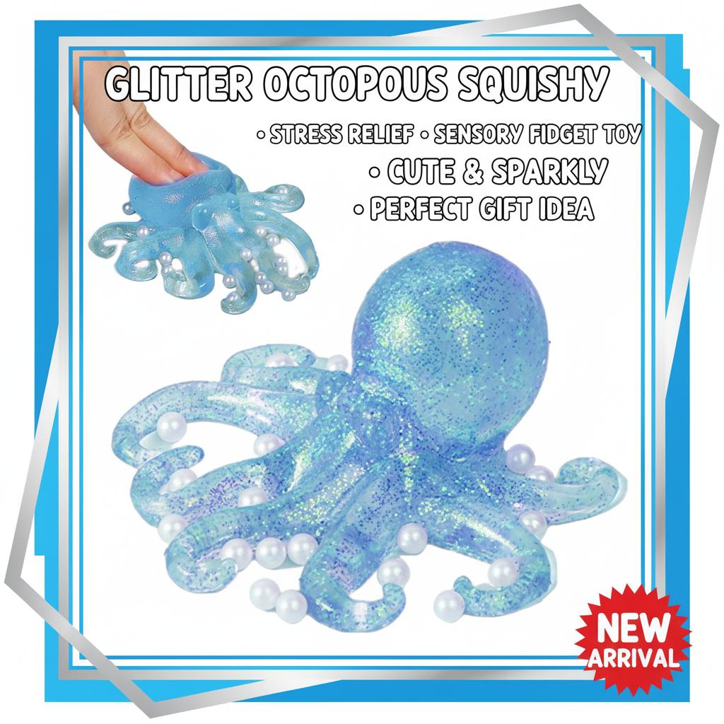 Glitter Octopus Squishy Stress Ball Cute Squeeze Fidget Toy Sensory Anti-Stress Decompression Toy For Kids Adults Gift