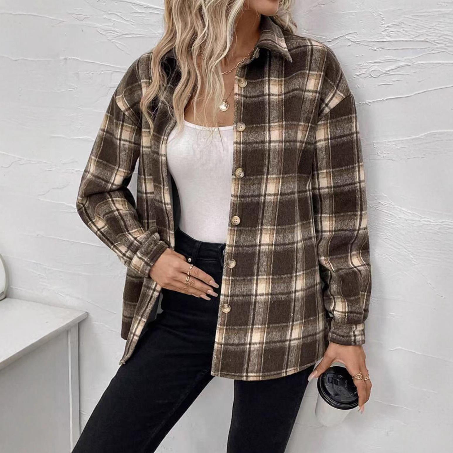 Европейская и американская женская клетчатая свободная повседневная модная рубашка-куртка с отложным воротником XL