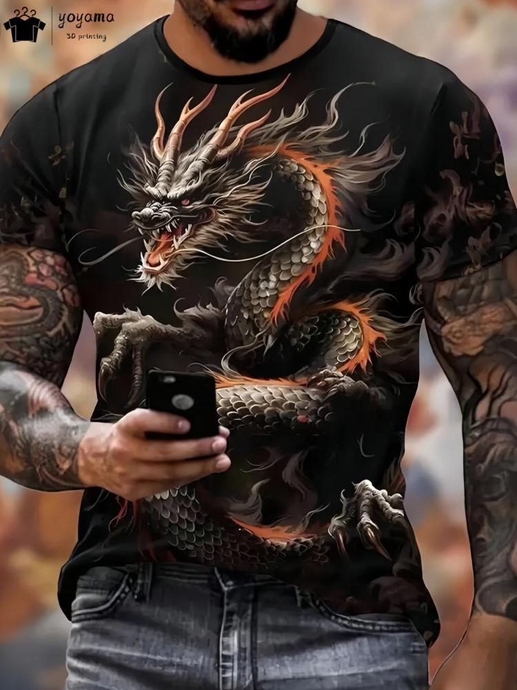 

Summer Round Neck 3D Print Top Fashionable Casual Short Sleeved Dragon Pattern Men s T-shirts 6XL