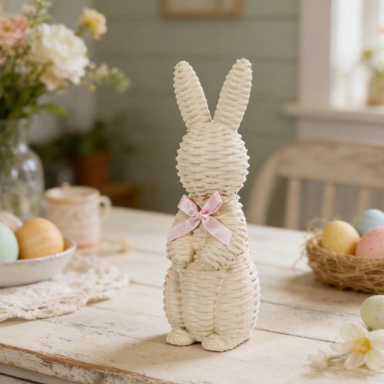 Rattan Effect Resin Easter Bunny Figurine Wicker Rabbit Statue with Bow for Spring Table Centerpiece Indoor Outdoor Patio Yard Farmhouse Home Decor