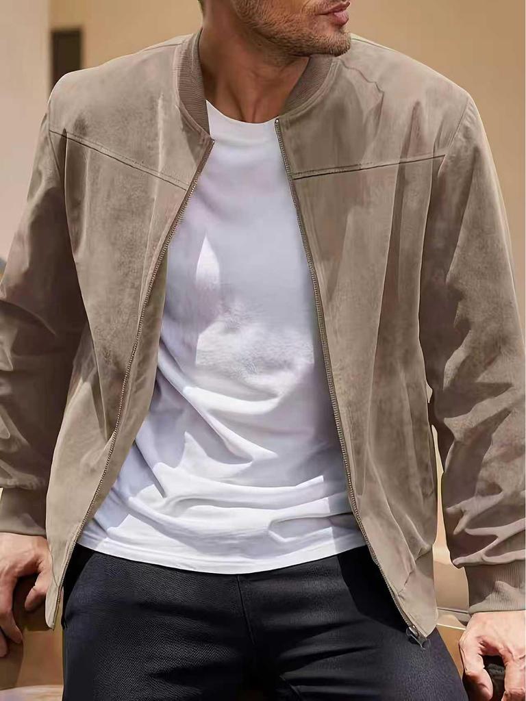 Men's Suede Zip Jacket - Casual Retro Long Sleeve Cardigan Coat