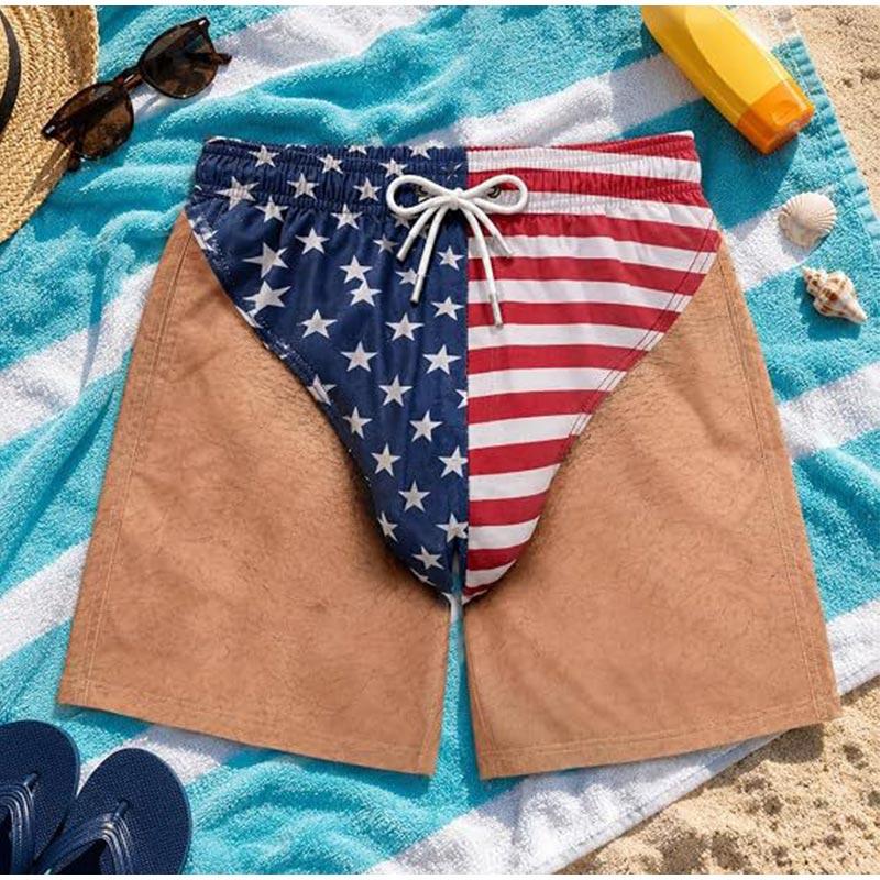 Funny US Flag Briefs 3D Beach Shorts Realistic Hairy Legs Graphic Swim Trunks Novelty Patriotic Costume Beach Shorts for Men